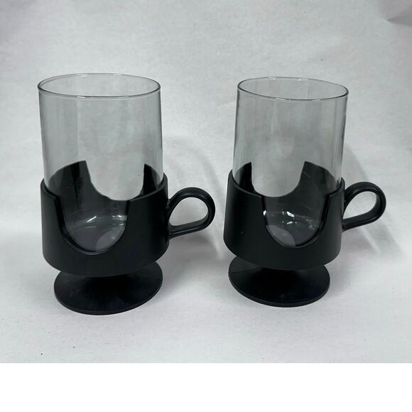 Vintage MCM Corning Glas-Snap Mug. Black Pedestal 8oz Set of 2 - Picture 1 of 4